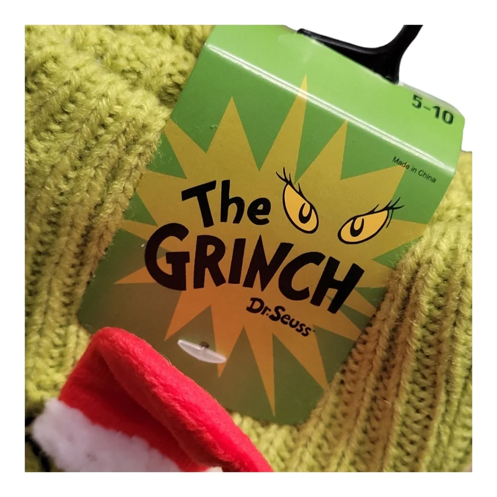Bioworld Grinch Sherpa Lined Santa Hat Knit Slipper Socks NWT (Shoe 5-10)